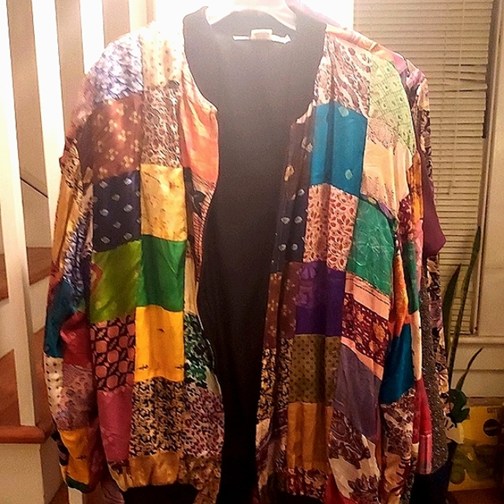 Vintage 100% Indian Silk, MIX Nouveau 80s Patchwork Zip Bomber Jacket, M/L